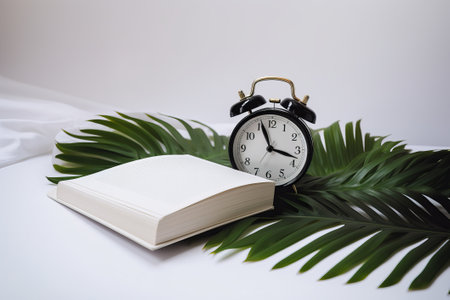 Alarm clock and palm leaves on white background illustration from generative aiの写真素材
