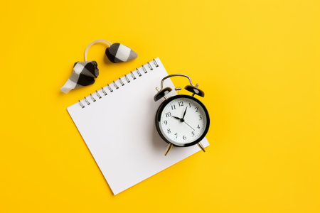 White alarm clock and book on yellow background illustration from generative ai