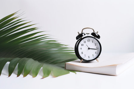 Alarm clock and palm leaves on white background illustration from generative aiの写真素材