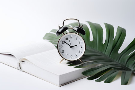 Alarm clock and palm leaves on white background illustration from generative ai