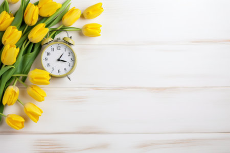 Yellow clock and yellow tulips on white wooden background. illustration from generative aiの写真素材