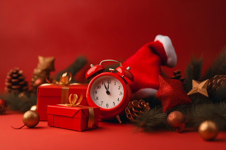Red alarm clock in Santa Claus hat on wrapped gift illustration from generative aiの写真素材