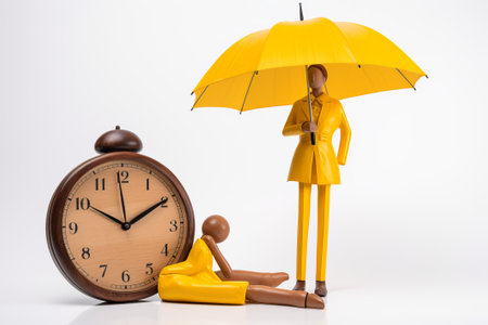Wooden mannequin holding yellow umbrella and alarm illustration from generative aiの写真素材