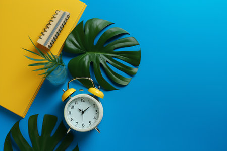 Alarm clock and palm leaves on blue yellow background illustration from generative aiの写真素材
