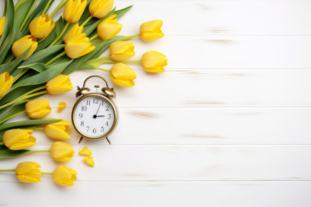 Yellow clock and yellow tulips on white wooden background. illustration from generative ai