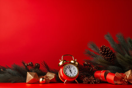 Red alarm clock in Santa Claus hat on wrapped gift illustration from generative aiの写真素材