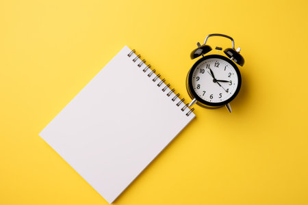 White alarm clock and book on yellow background illustration from generative aiの写真素材