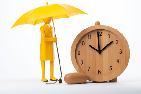 Wooden mannequin holding yellow umbrella and alarm illustration from generative aiの写真素材