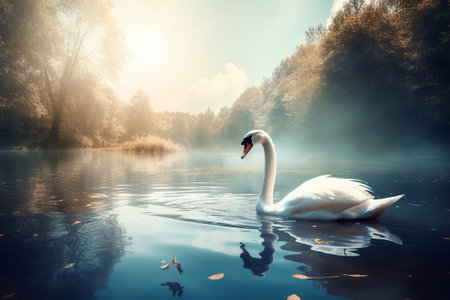Beautiful landscape art with swans floating in the water illustration from generative aiの写真素材