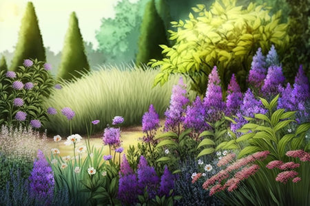 Summer or spring beautiful garden with lavender illustration from generative aiの写真素材