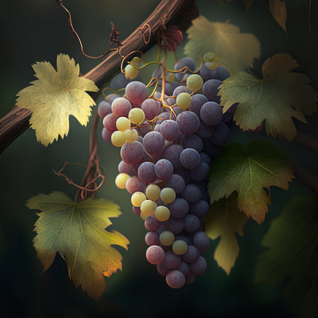 Purple grapes hanging from vines, nature background illustration from generative aiの写真素材