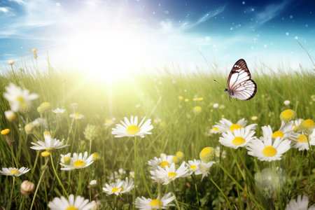 Beautiful spring meadow with white butterfly flowers. illustration from generative aiの写真素材