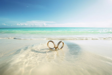 Beach with flowers and hearts.Honeymoon travel concept. illustration from generative aiの写真素材