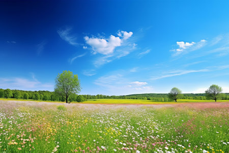 Spring landscape with blooming flowers illustration from generative aiの写真素材