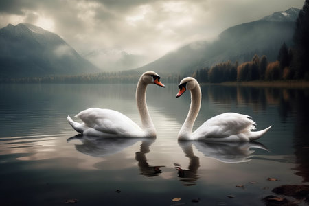 Beautiful landscape art with swans floating in the water illustration from generative aiの写真素材