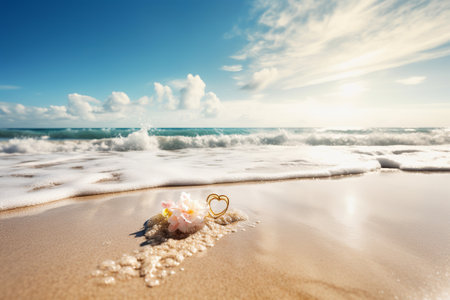 Beach with flowers and hearts.Honeymoon travel concept. illustration from generative aiの写真素材
