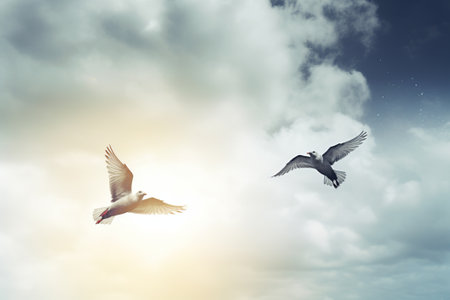 Two birds flying in the sky, sky background illustration from generative aiの写真素材