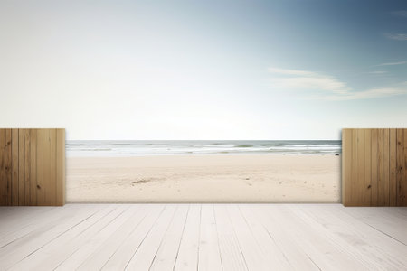 Sea sand beach background art with white wood panel illustration from generative aiの写真素材