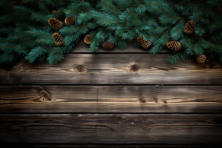 Pine leaves frame the edge of the old wooden floor. illustration from generative ai