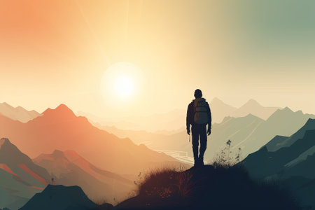 Close-up view of a hiker's shoes against the sky. illustration from generative aiの写真素材