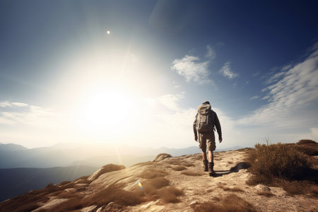Close-up view of a hiker's shoes against the sky. illustration from generative ai