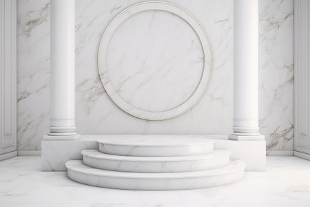 Round white marble pedestal, 3d pedestal, white marble-patterned ceramic floor tiles illustration from generative aiの写真素材