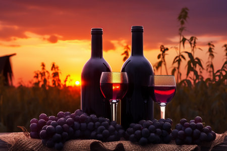 Bottles And Wine Glasses With Grapes At Sunset background illustration from generative aiの写真素材