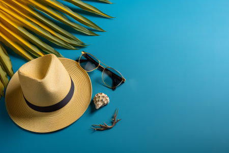 Sunglasses, yellow hat, shells and palm leaves. illustration from generative aiの写真素材