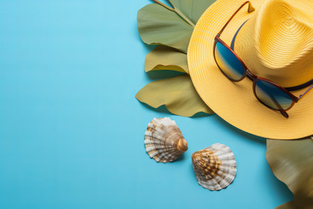 Sunglasses, yellow hat, shells and palm leaves. illustration from generative aiの写真素材