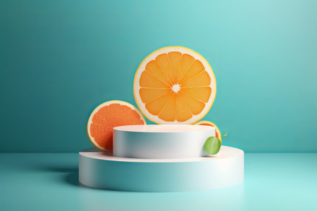 The white round base is decorated with orange slices. illustration from generative aiの写真素材