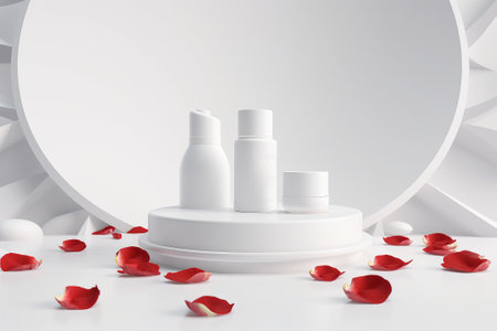The white round base is decorated with a rose hoof with a spray for the product. illustration from generative aiの写真素材