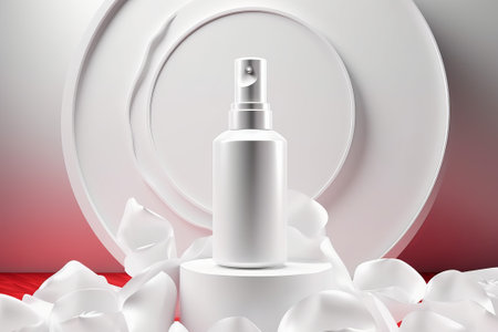 The white round base is decorated with a rose hoof with a spray for the product. illustration from generative aiの写真素材