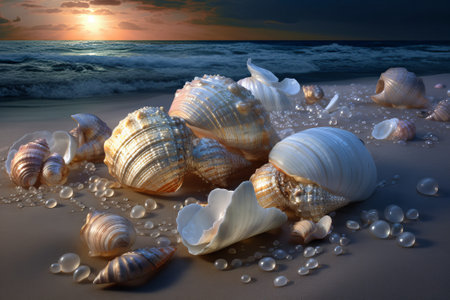 A sandy beach with shells, pearls and tiny glowing crystals. illustration from generative aの写真素材