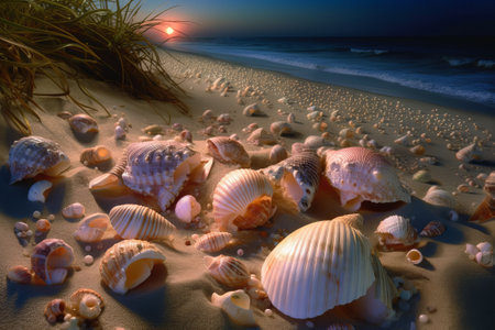 A sandy beach with shells, pearls and tiny glowing crystals. illustration from generative aの写真素材