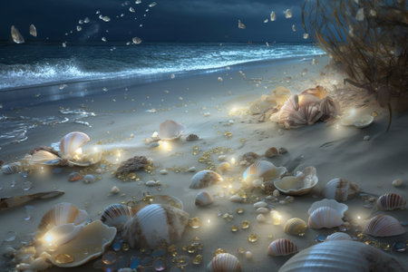 Landscape on sandy beach with shells, pearls illustration from generative ai