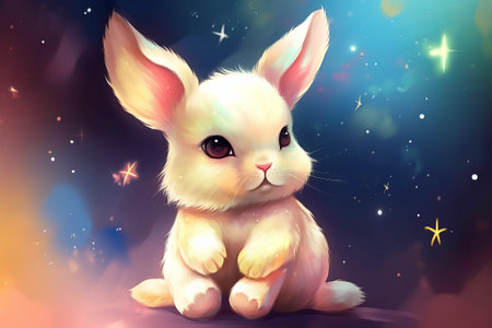 little bunny on star background illustration from generative aiの写真素材