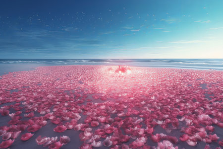 Romantic blue sea, glittering beach, pink rose illustration from generative aiの写真素材