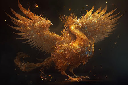 The round golden phoenix is very long. Full body shot. Beautiful. illustration from generative aiの写真素材