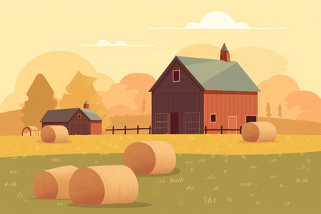 Farm design with bales of hay in the field illustration from generative aiの写真素材