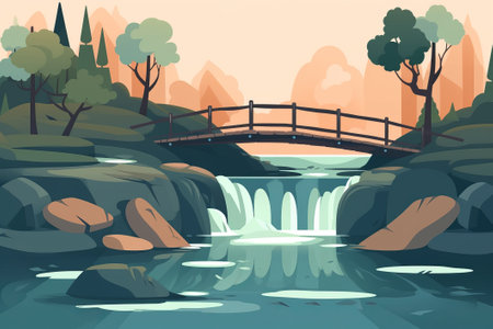 River with a small waterfall with a bridge illustration from generative aiの写真素材