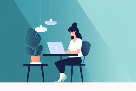 Flat design of young woman cartoon working on laptop illustration from generative aiの写真素材