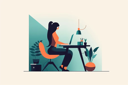 Flat design of young woman cartoon working on laptop illustration from generative aiの写真素材