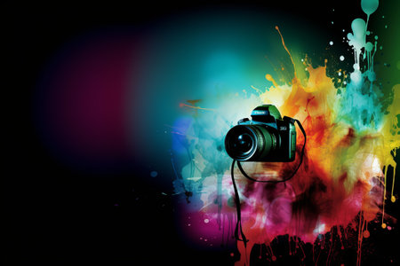 camera and watercolor splash illustration from generative aiの写真素材