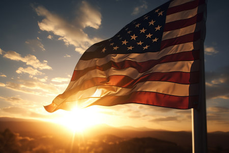 american flag with sunset illustration from generative aiの写真素材