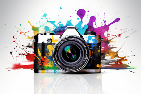 Camera and water splash on white background illustration from generative aiの写真素材