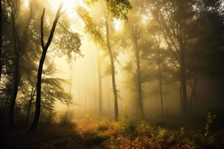 Foggy image in beautiful forest with sun rays illustration from generative aiの写真素材
