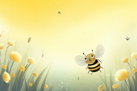 little bee on yellow background illustration from generative aiの写真素材