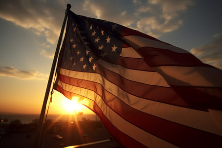 american flag with sunset illustration from generative ai