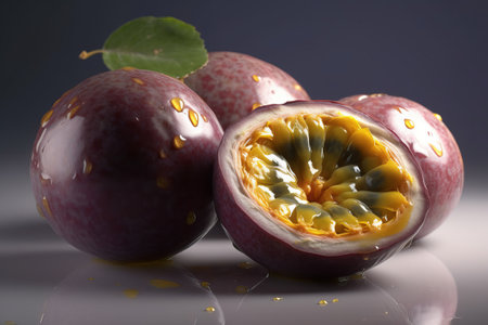half purple passion fruit illustration from generative aiの写真素材