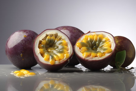 half purple passion fruit illustration from generative aiの写真素材